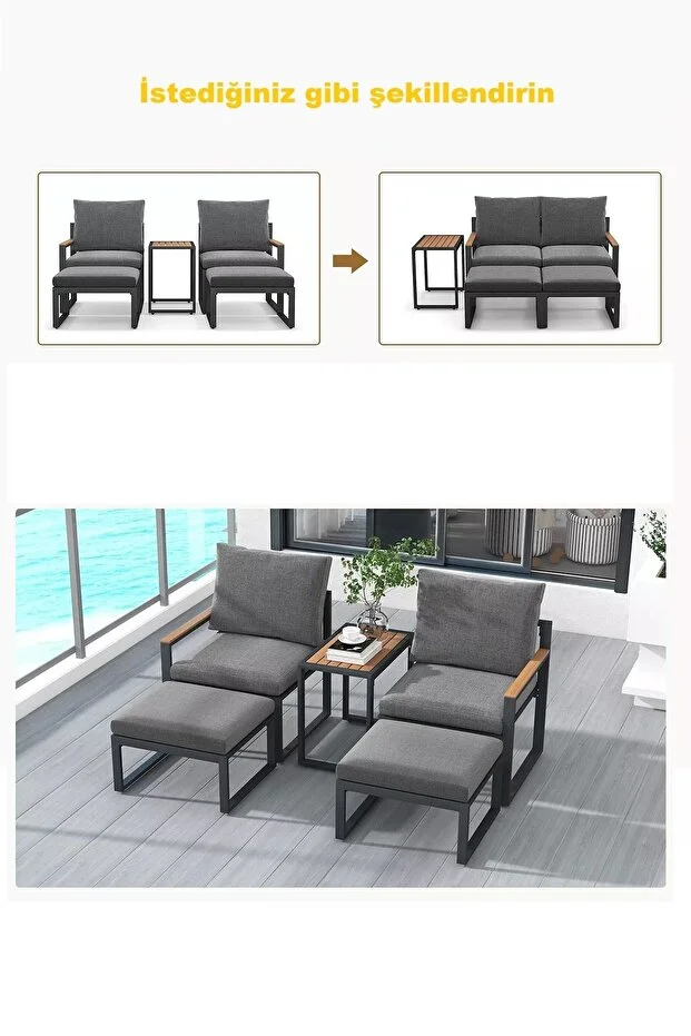 5 Parça Metal Çerçeve Outdoor Multilounge Bahçe Balkon Mobilya,Uzanma
